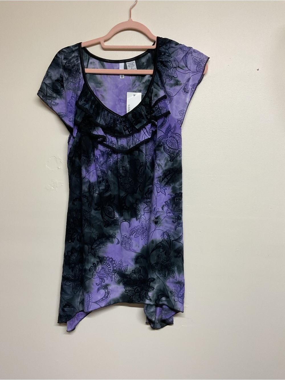 Purple Floral Ruffle Neck Tunic Top with Cap Sleeves